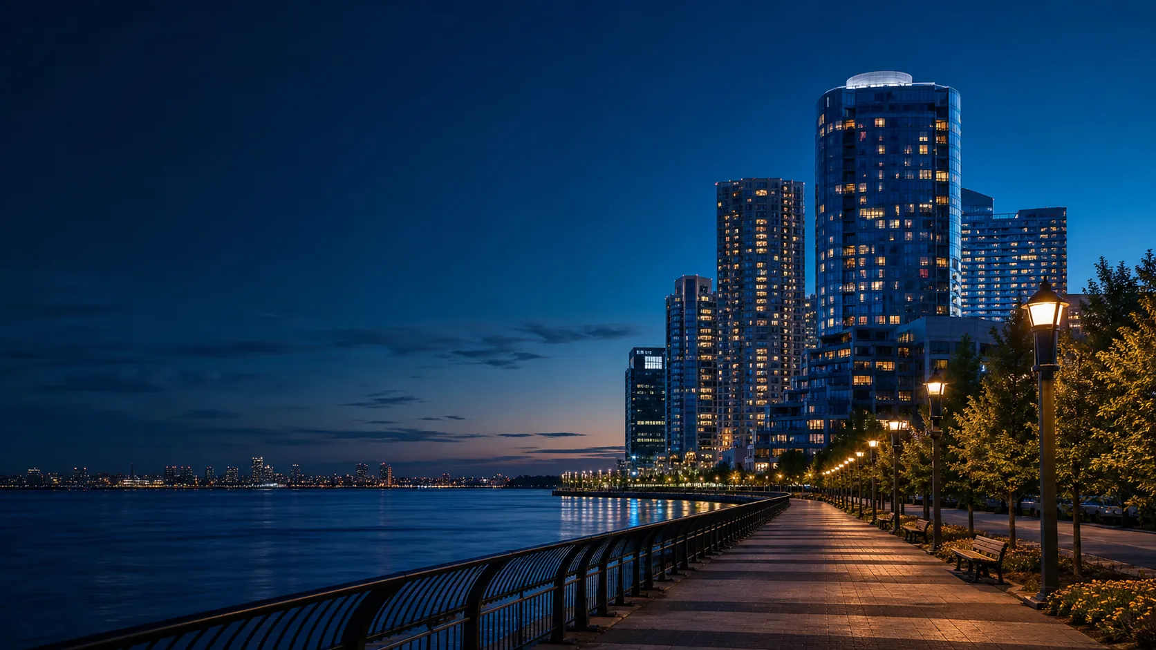 Jersey City waterfront and residential skyline at blue hour