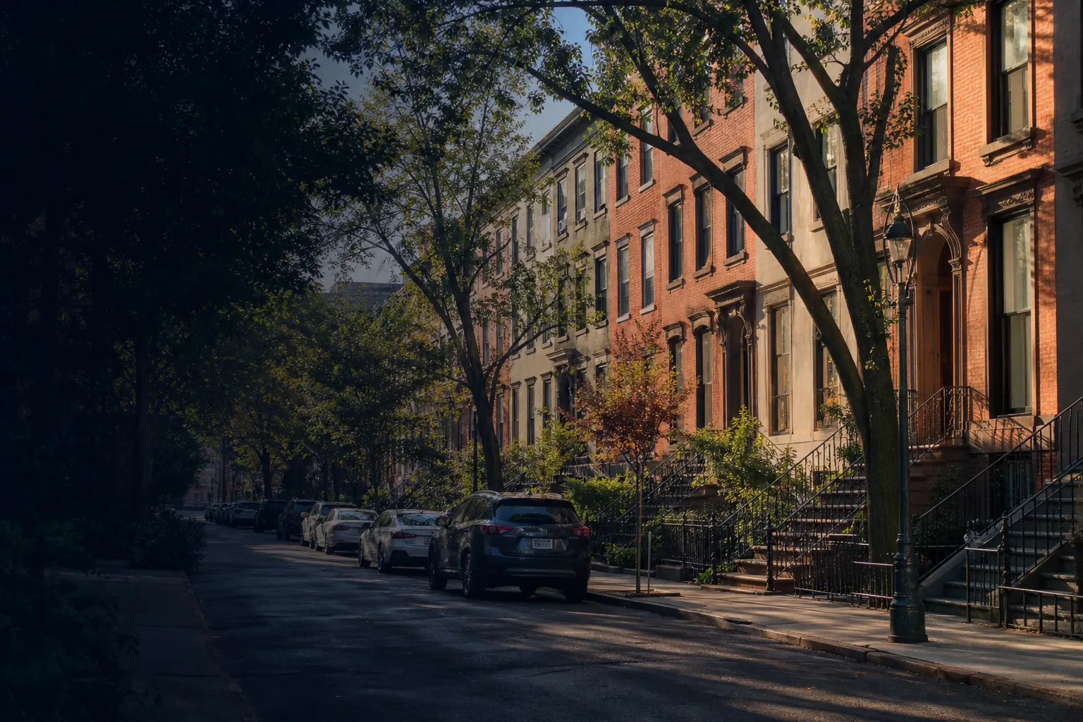 Sunlit brownstone homes on a tree-lined Jersey City street