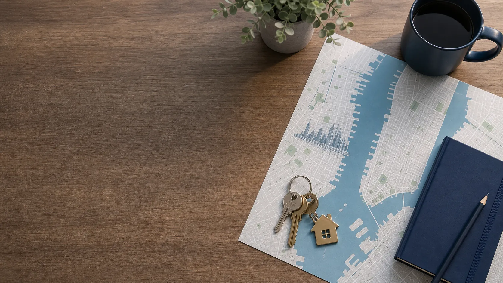 Jersey City real estate planning desk with map, keys and notebook
