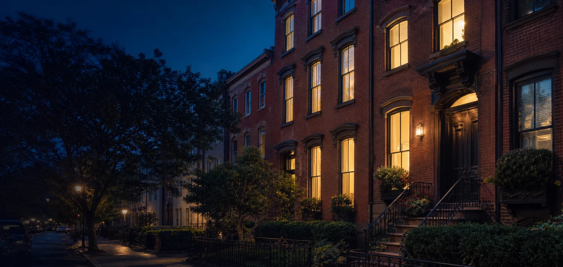 Illuminated Paulus Hook brownstones in Jersey City at blue hour
