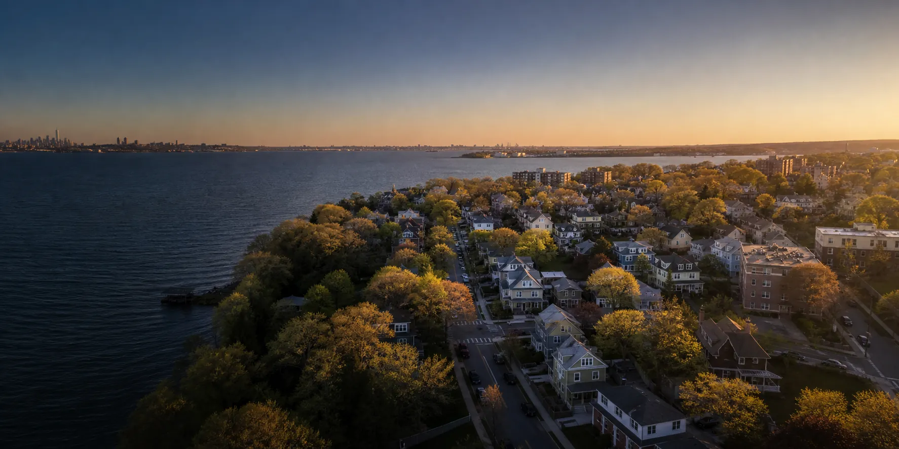Waterfront homes in the New York and New Jersey metro region at sunset